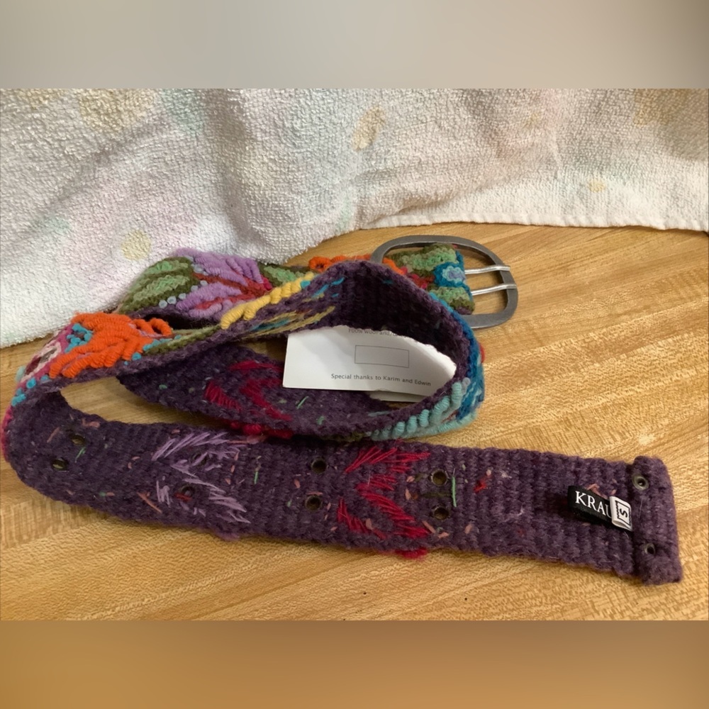 Jenny Krauss Boho Floral Densely Embroidered Blooms Wool Belt Handmade Peru Sz S - Picture 7 of 16